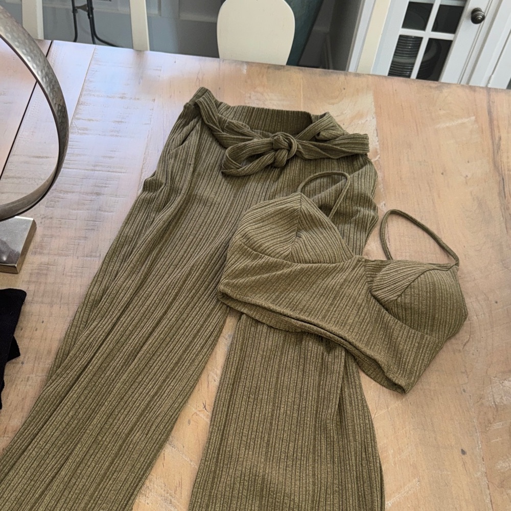 Ribbed Knit Two-Piece Set in Olive Green